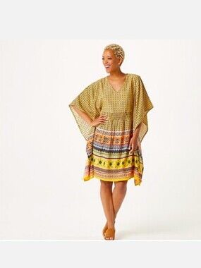 TOLANI COLLECTION Batik Tribal Print VNeck Open Back Kaftan CoverUp Beach Dress